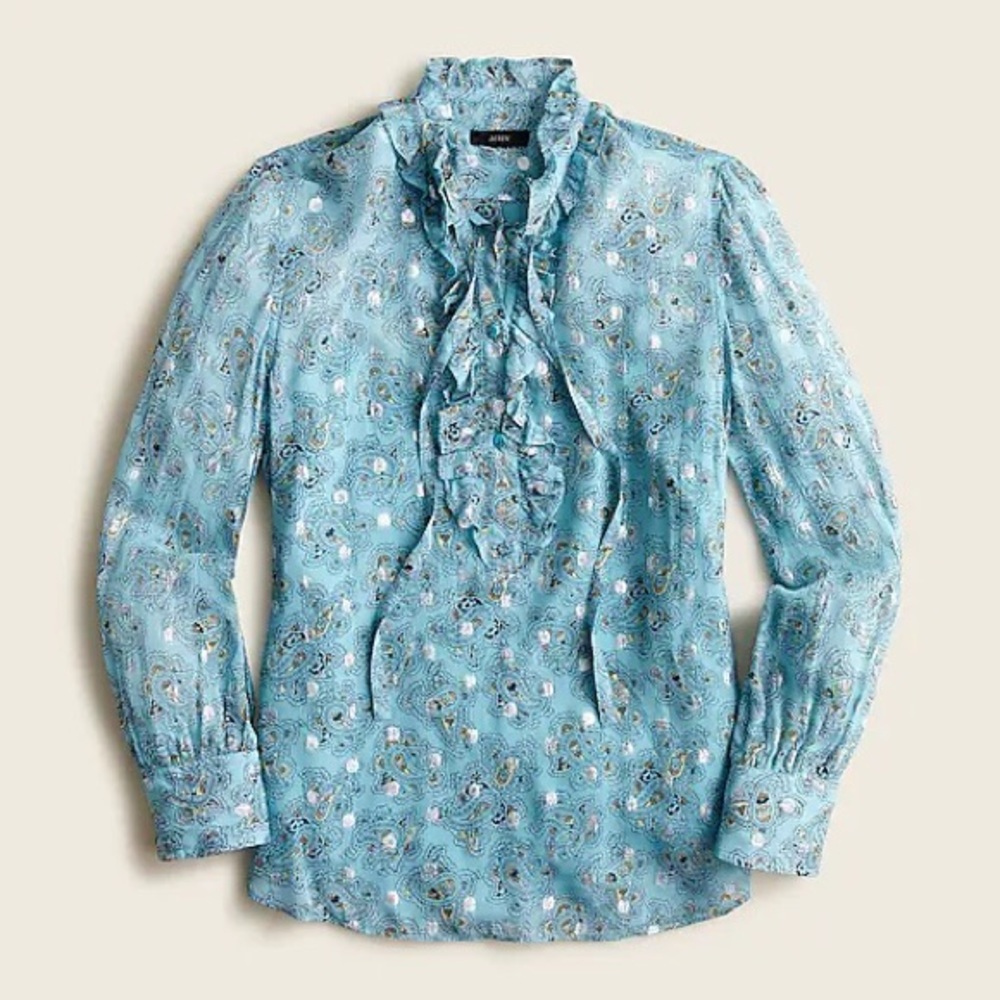 J.Crew Top Chiffon Ruffleneck Long Sleeve Sheer Robin Egg Blue Silver Metallic L
